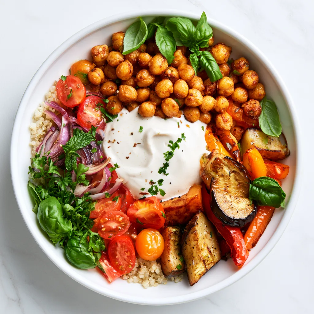 Roasted vegetable and chickpea bowl with tahini dressing